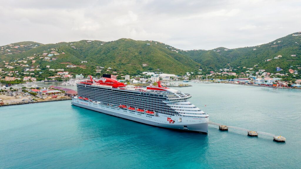 Virgin Voyages Cruise Ship Docked In the Caribbean