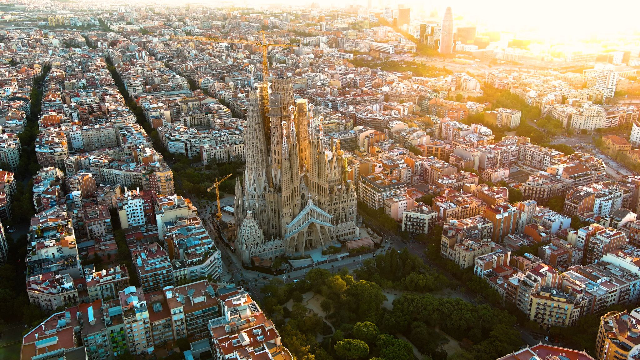 Aerial view of barcelona at sunset