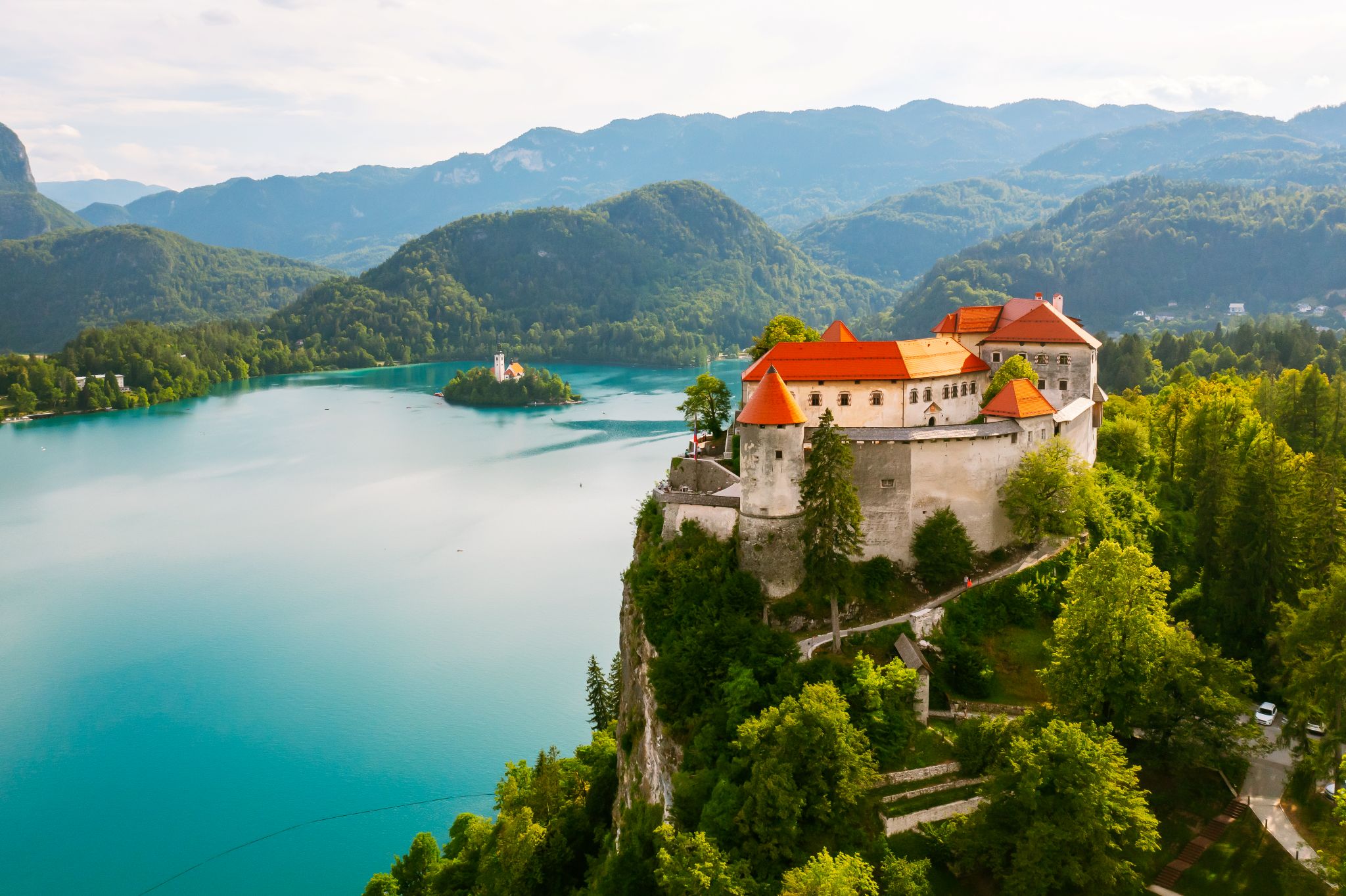 aerial view of medieval bled castle in lake bled slovenia