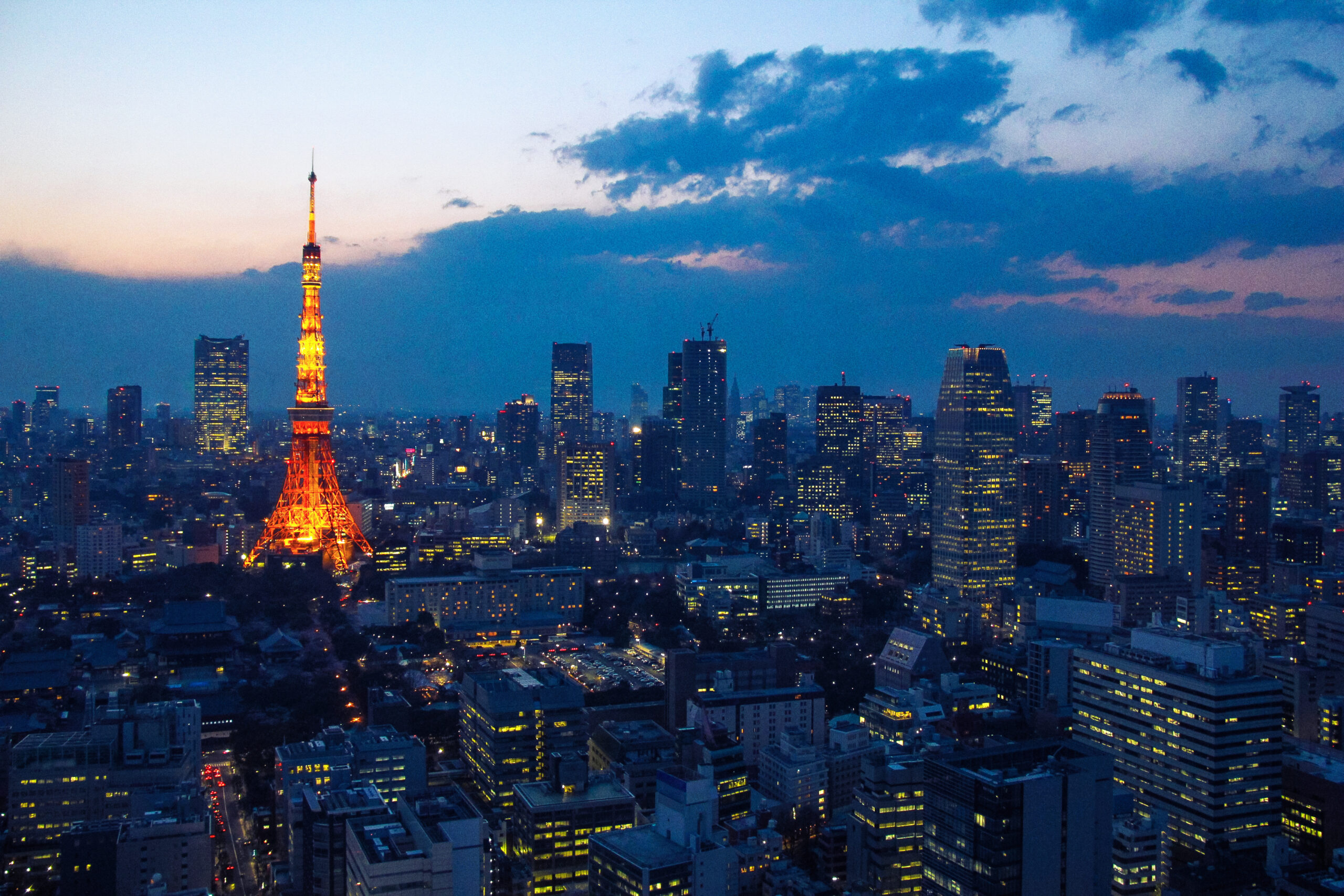 Aerial view over Tokyo tower and Tokyo cityscape with high rise architecture at sunset in Tokyo, Japan