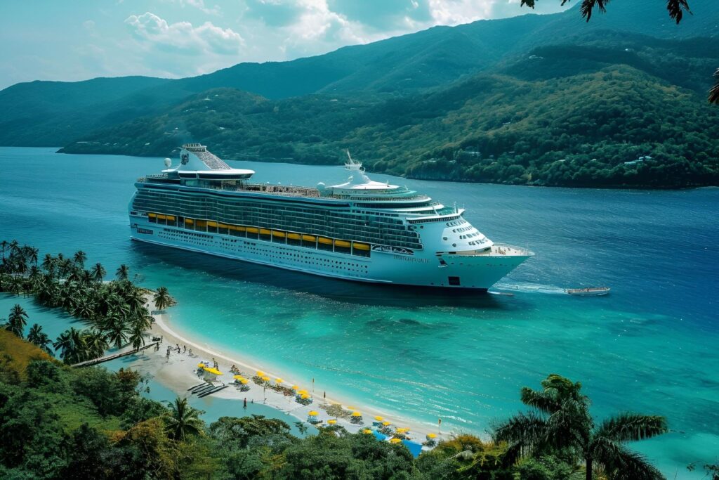 cruise ship navigating a narrow river