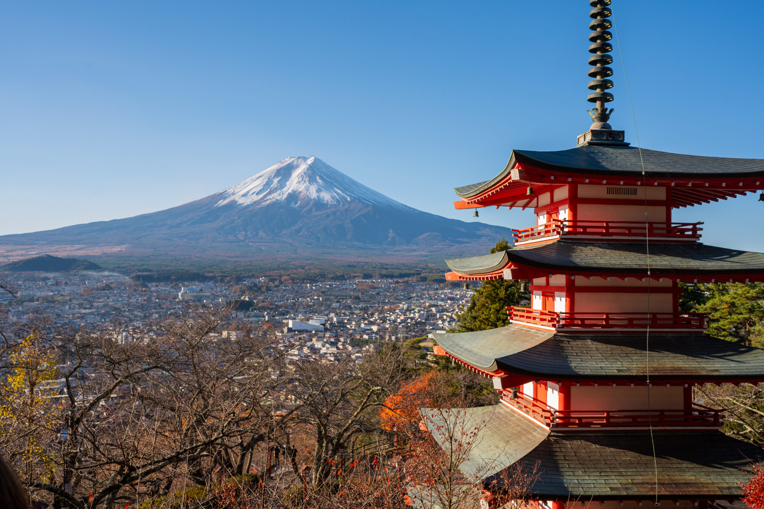 Arakurayama Sengen Park. Mount Fuji san beautiful landscapes on autumn. Fujiyoshida, Japan at Chureito Pagoda and Mt. Fuji in Autumn.