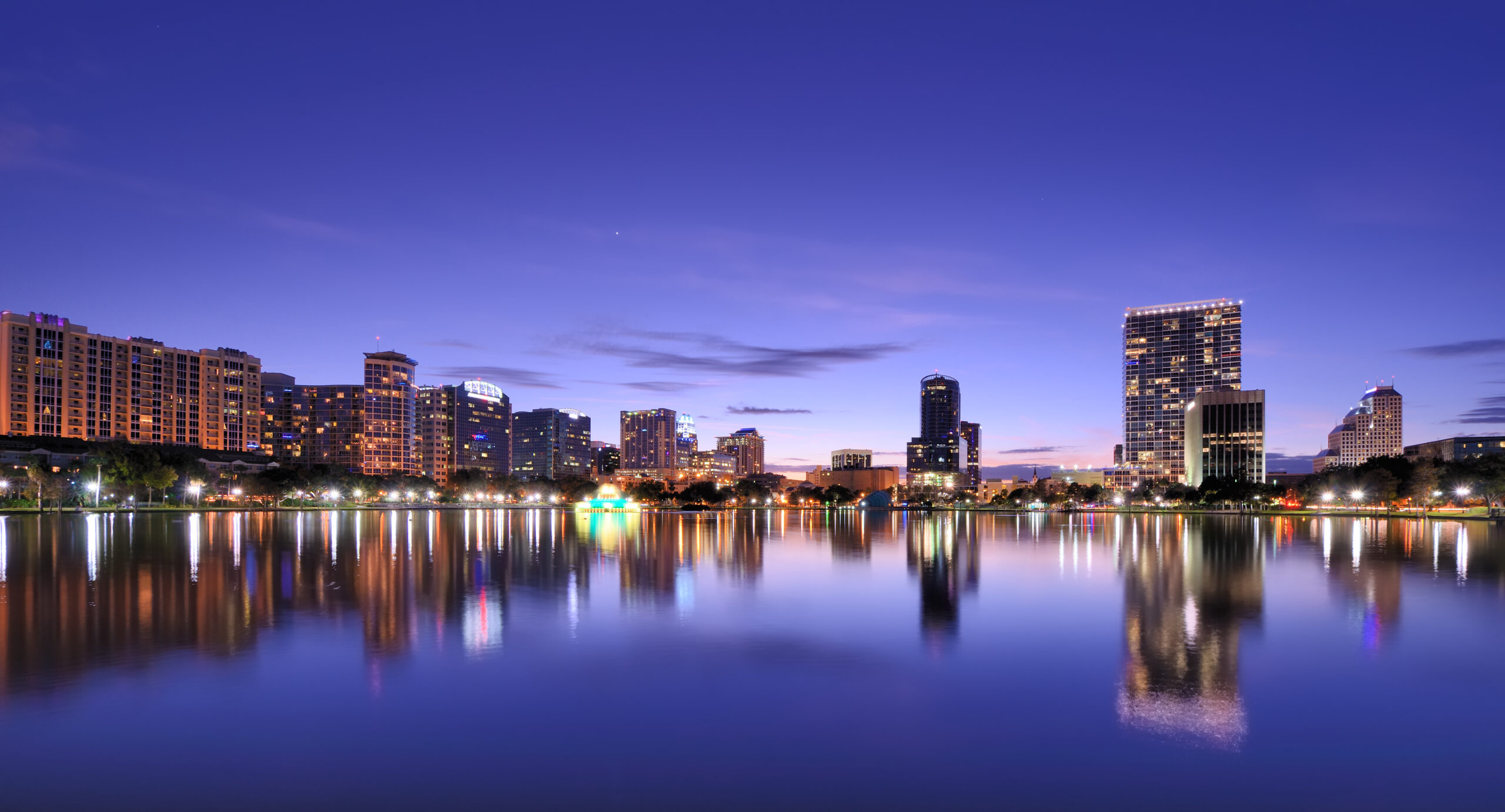 Skyline of Orlando, Florida from lake Eola.