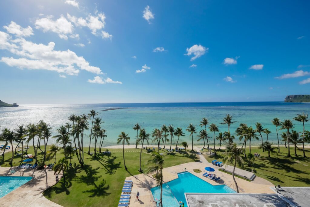 Guam beach front resort under clear blue skies