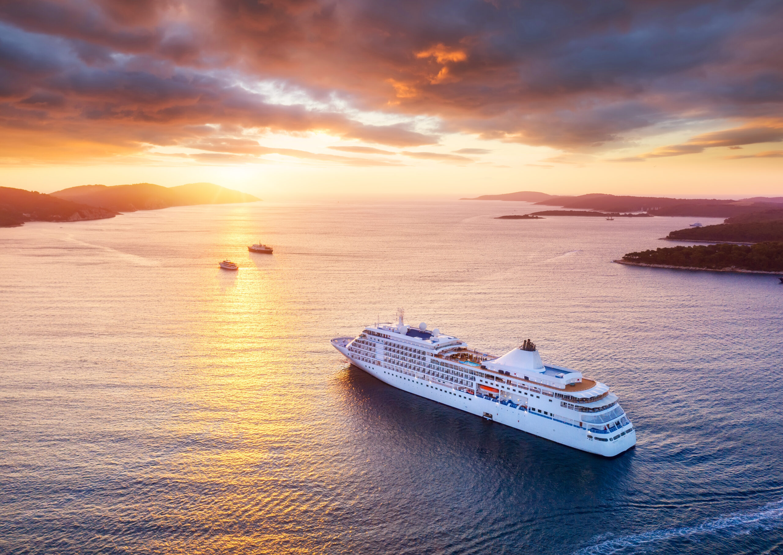 Croatia. Aerial view at the cruise ship during sunset. Adventure and travel. Landscape with cruise liner on Adriatic sea. Luxury cruise. Travel - image