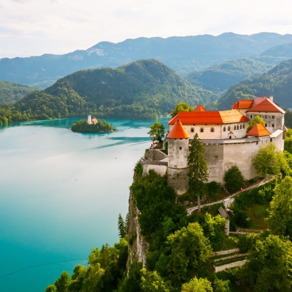 aerial view of medieval bled castle in lake bled slovenia