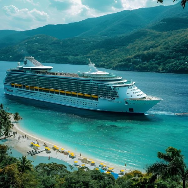 cruise ship navigating a narrow river